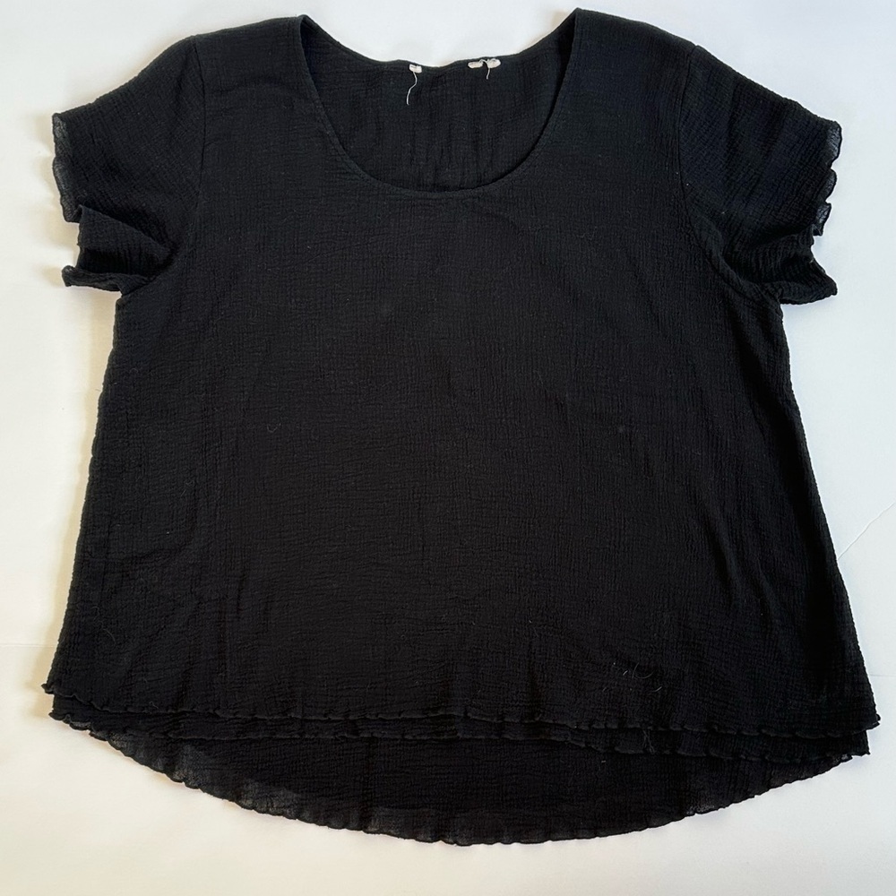 Soft Surroundings Gauzy Black Ruffle Edged Short Sleeve Blouse Top Sz XL (1X)
